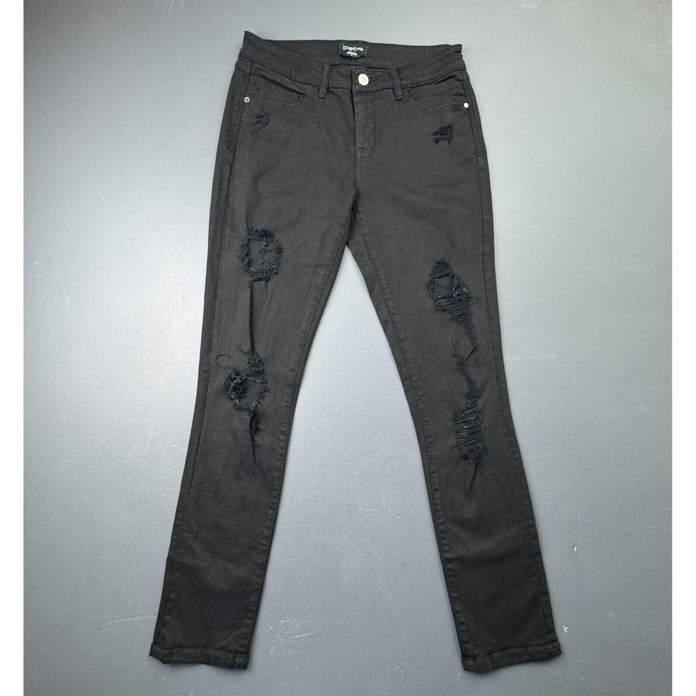 Bebe Women's Size 28 Black Skinny Jeans Distressed Ripped Stretch Denim Mid Rise